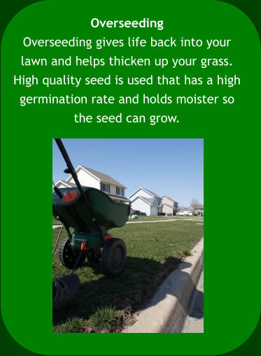 Overseeding Overseeding gives life back into your  lawn and helps thicken up your grass.  High quality seed is used that has a high  germination rate and holds moister so  the seed can grow.