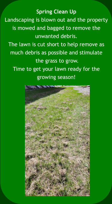 Spring Clean Up Landscaping is blown out and the property  is mowed and bagged to remove the  unwanted debris.  The lawn is cut short to help remove as  much debris as possible and stimulate  the grass to grow.  Time to get your lawn ready for the  growing season!